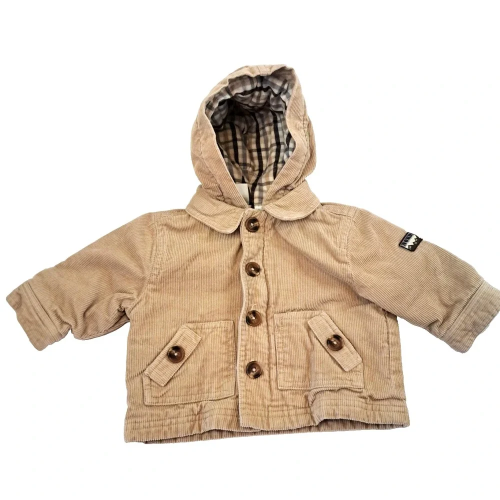 Koala Kids Nordic Corduroy‎ Coat Baby 3-6 Months Tan Plaid Lining